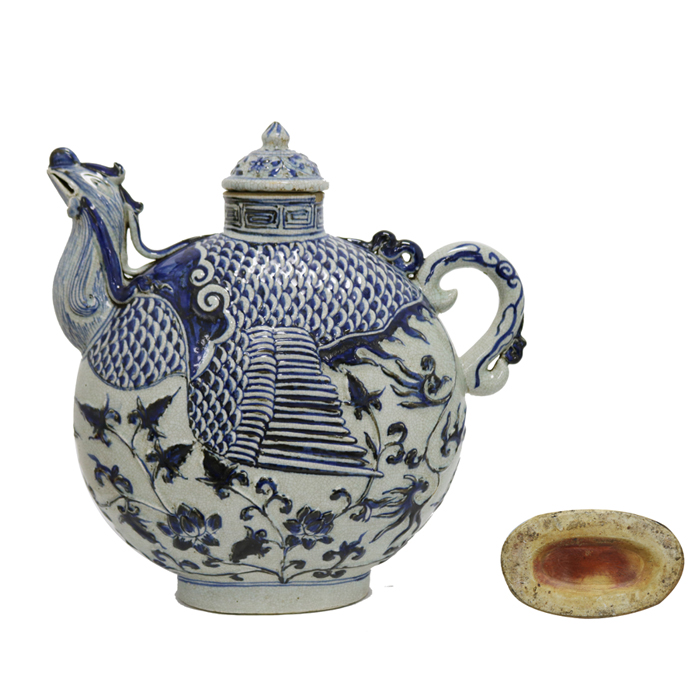 ◇御泓軒◇『元朝時代 陶磁器 青花龍紋鳳首扁壺・箱付』